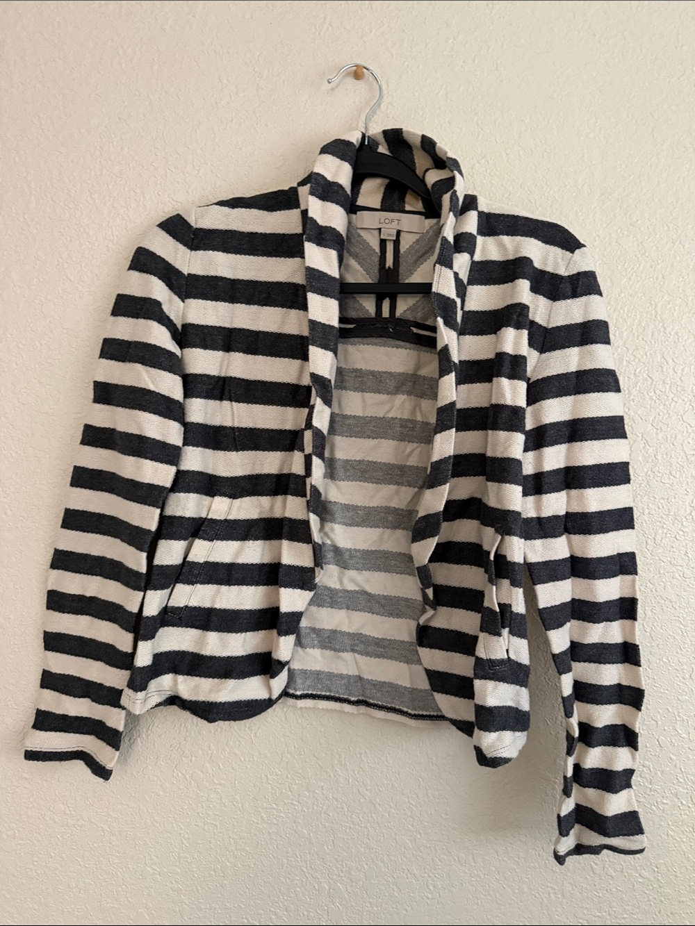 LOFT Black and White Striped Open Blazer